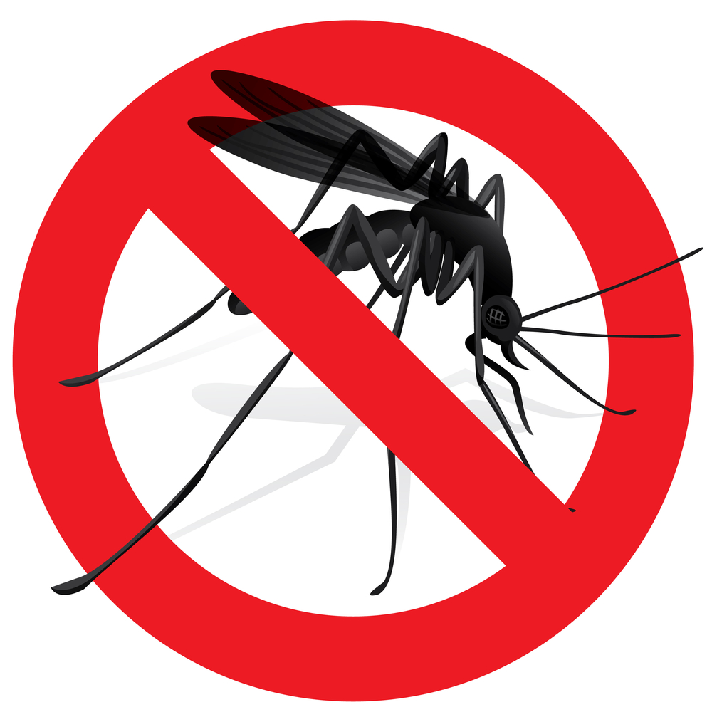 A black mosquito shown behind a red prohibition sign, symbolizing mosquito control and prevention.