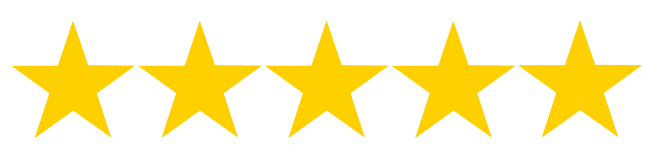Five yellow stars in a row on a black background, representing a five-star rating.